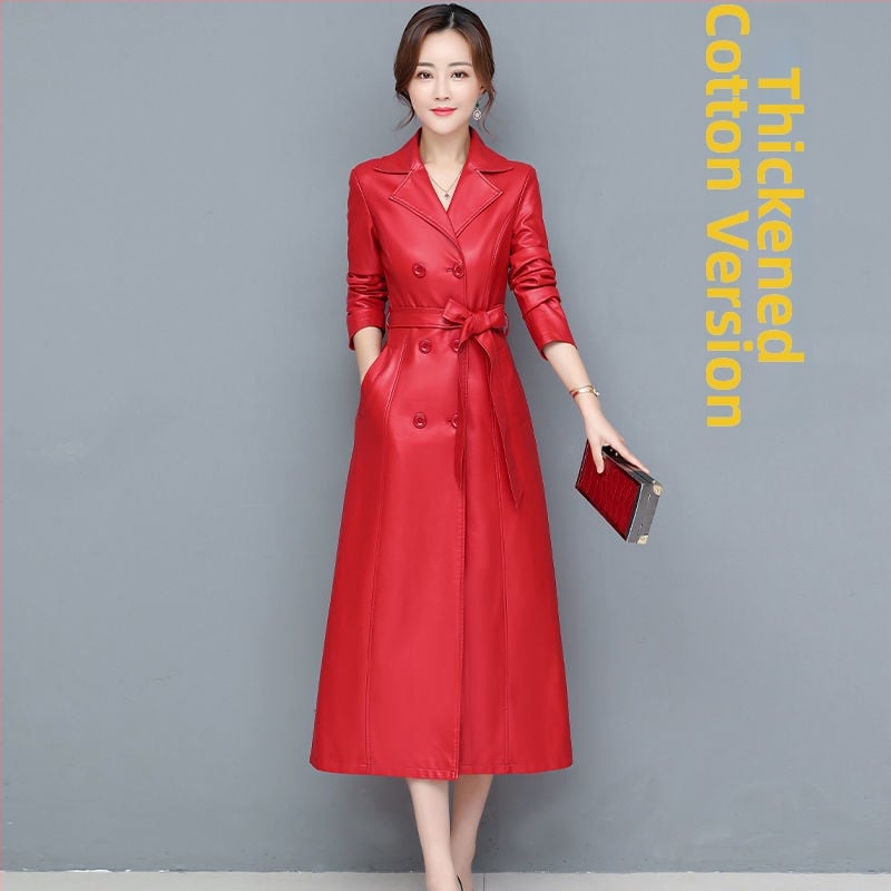 Palton lung din piele de miel, cu guler din blană de vulpe, stil coreean, lungime peste genunchi, căptușit cu fleece