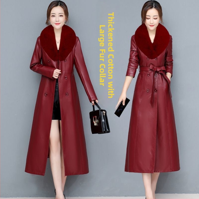 Palton lung din piele de miel, cu guler din blană de vulpe, stil coreean, lungime peste genunchi, căptușit cu fleece