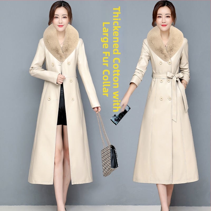 Palton lung din piele de miel, cu guler din blană de vulpe, stil coreean, lungime peste genunchi, căptușit cu fleece