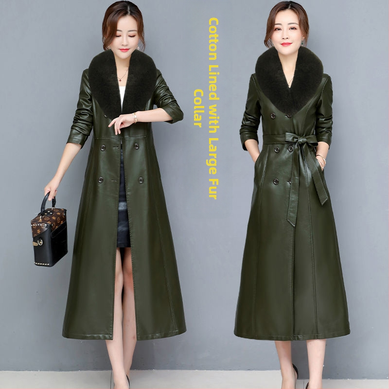 Palton lung din piele de miel, cu guler din blană de vulpe, stil coreean, lungime peste genunchi, căptușit cu fleece