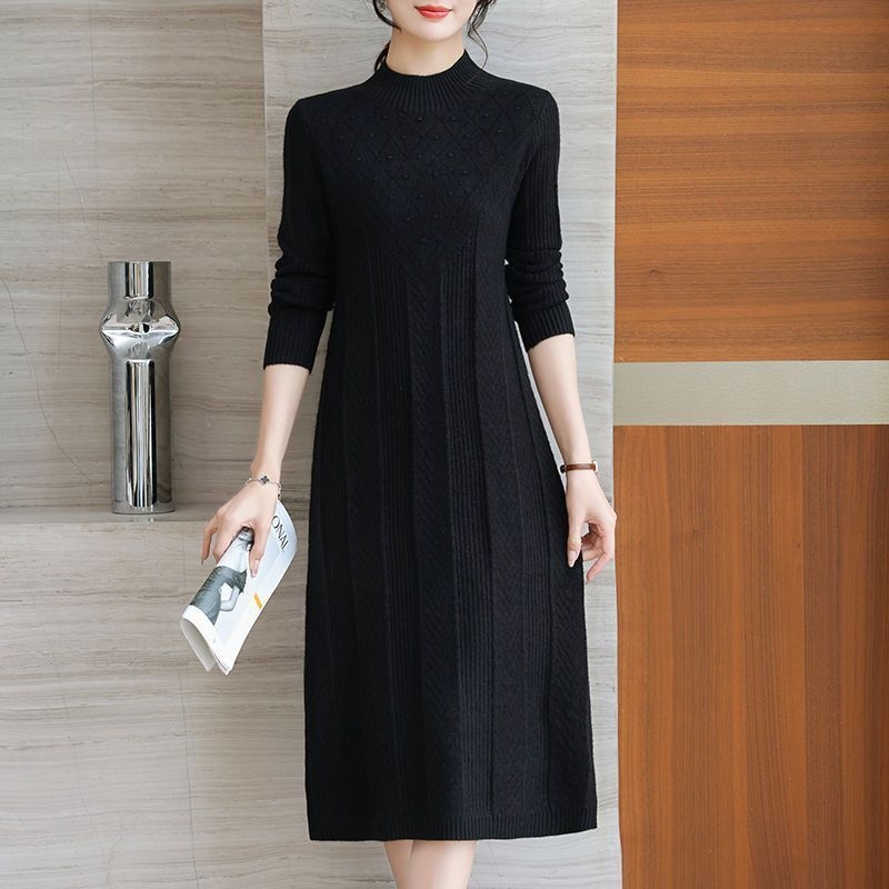 Haljina od viskoze, A linija, srednja duljina, poluo vratnik, dugi rukavi, pulover