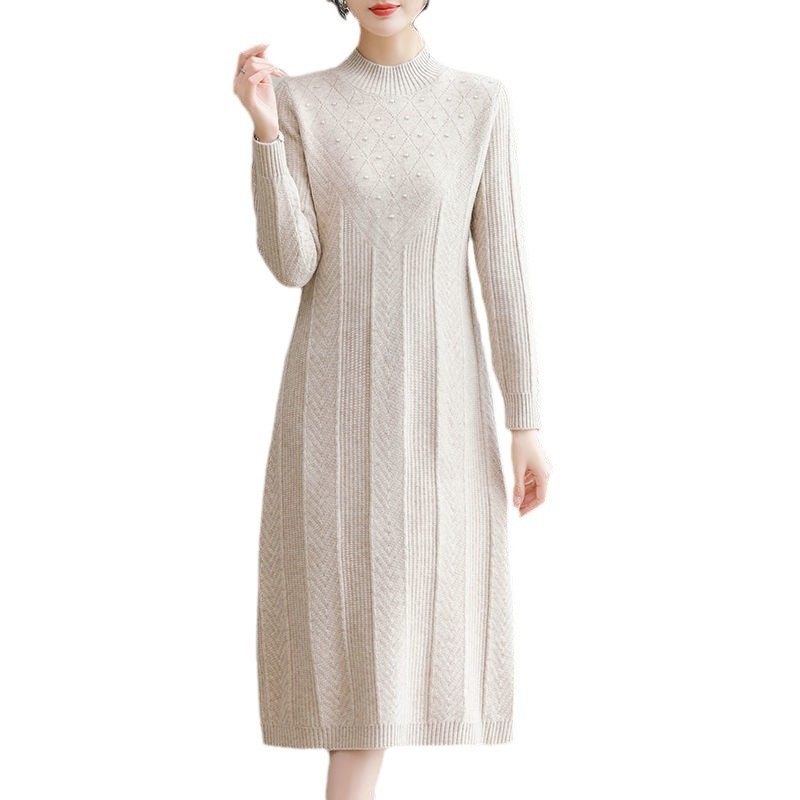 Haljina od viskoze, A linija, srednja duljina, poluo vratnik, dugi rukavi, pulover