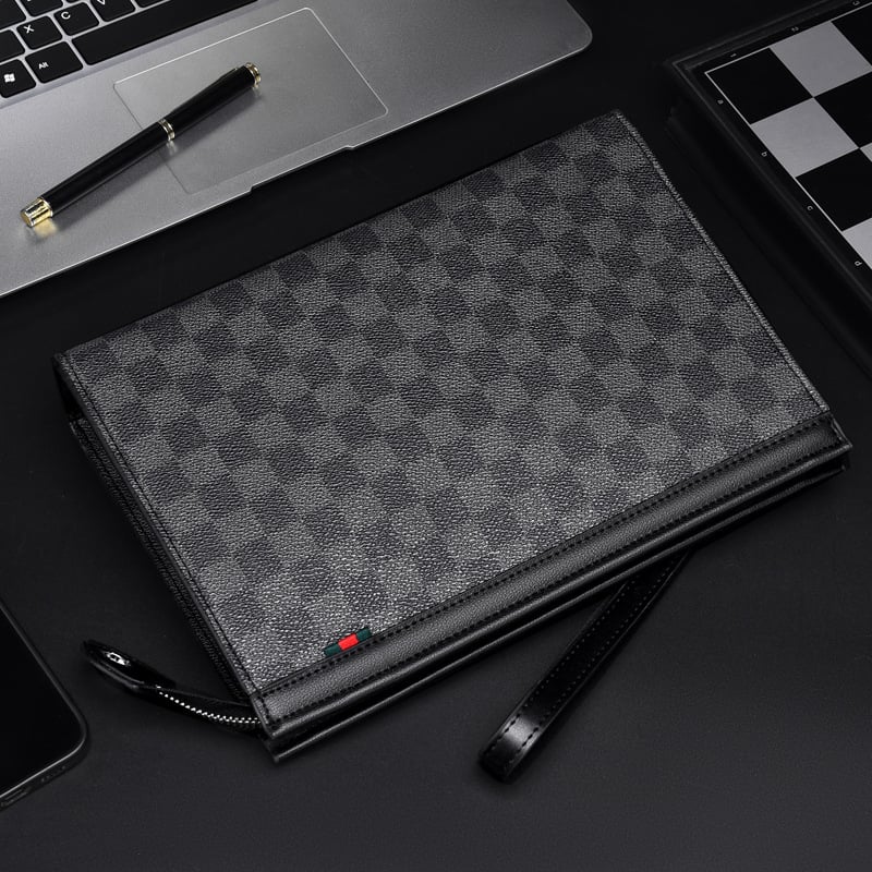 Clutch pentru bărbați din PVC, model carouri, curea pentru încheietură, căptușeală din poliester, rezistență la uzură