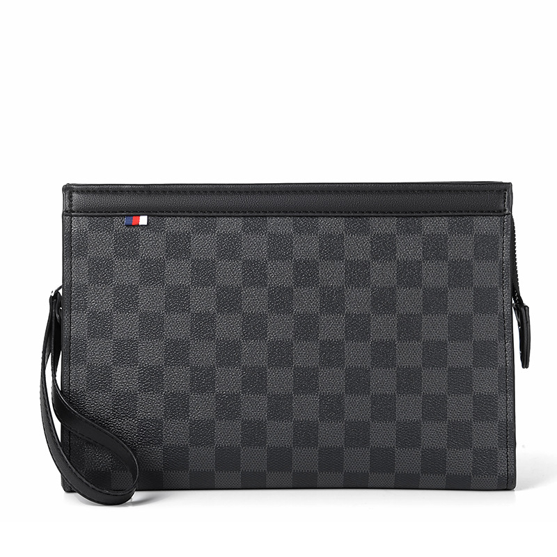 Clutch pentru bărbați din PVC, model carouri, curea pentru încheietură, căptușeală din poliester, rezistență la uzură