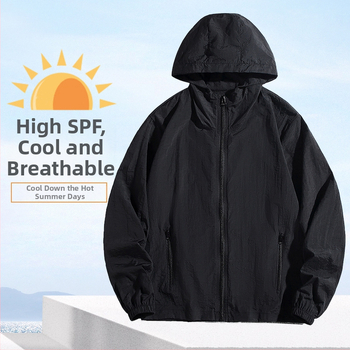 Geacă cu glugă, 100% poliester, material subțire, vară, fermoar frontal