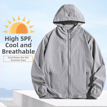 Geacă cu glugă, 100% poliester, material subțire, vară, fermoar frontal