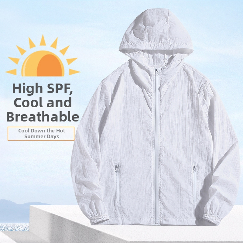 Geacă cu glugă, 100% poliester, material subțire, vară, fermoar frontal