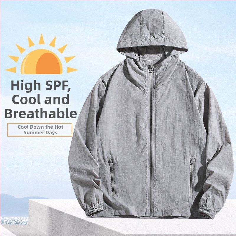 Geacă cu glugă, 100% poliester, material subțire, vară, fermoar frontal