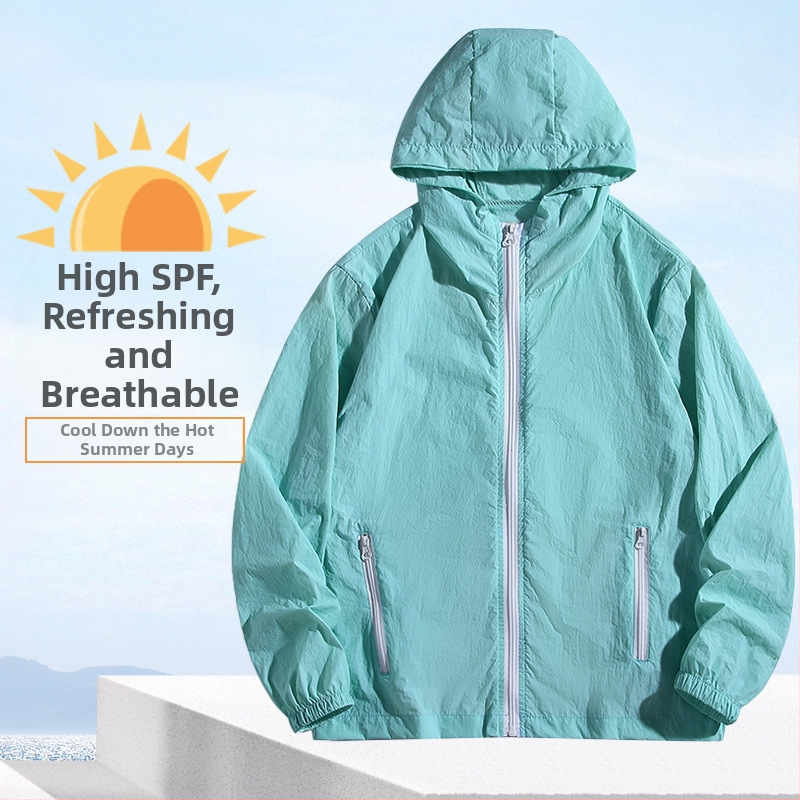 Geacă cu glugă, 100% poliester, material subțire, vară, fermoar frontal