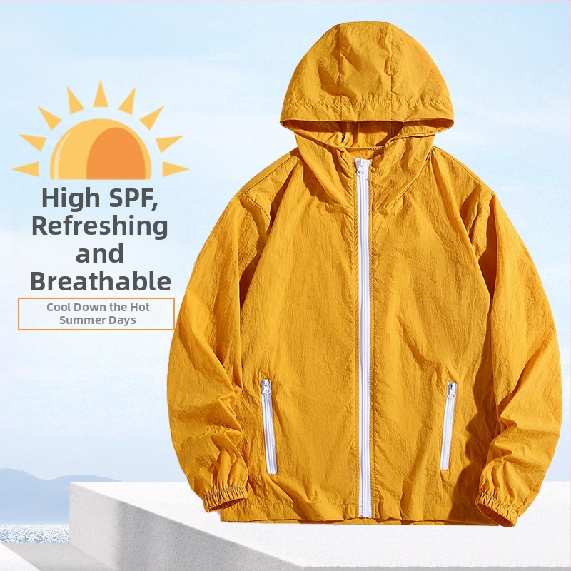 Geacă cu glugă, 100% poliester, material subțire, vară, fermoar frontal