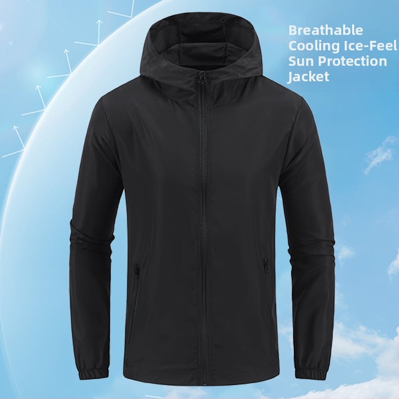 Geacă cu glugă, 100% poliester, material subțire, vară, fermoar frontal