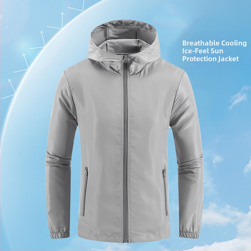 Geacă cu glugă, 100% poliester, material subțire, vară, fermoar frontal