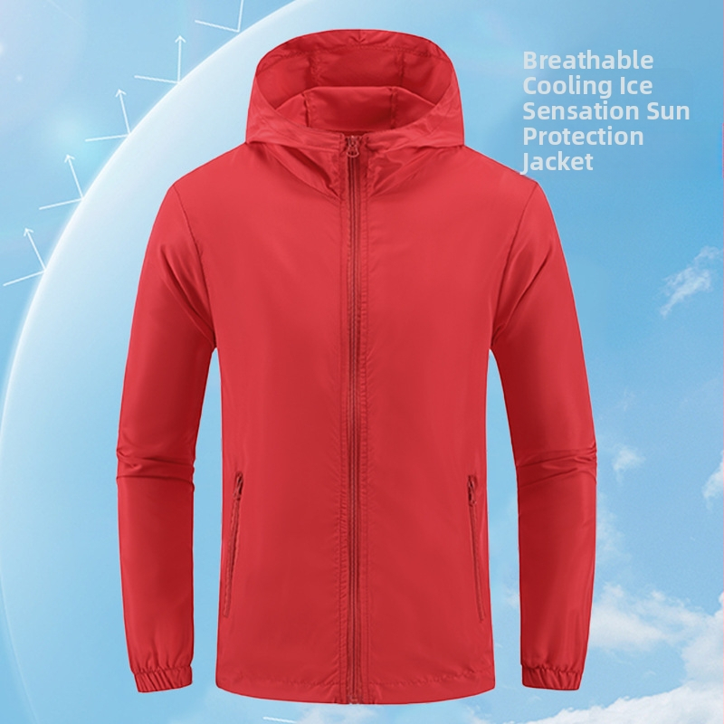 Geacă cu glugă, 100% poliester, material subțire, vară, fermoar frontal