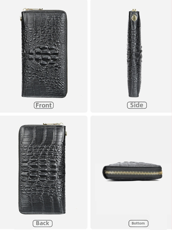 Portofel-clutch pentru bărbați din piele naturală, model crocodil, fermoar lung, interior din piele de vițel prim-strat și căptușeală poliester-coton, rezistent la abraziune, capacitate extensibilă