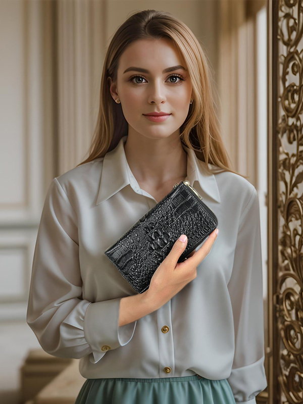 Portofel-clutch pentru bărbați din piele naturală, model crocodil, fermoar lung, interior din piele de vițel prim-strat și căptușeală poliester-coton, rezistent la abraziune, capacitate extensibilă