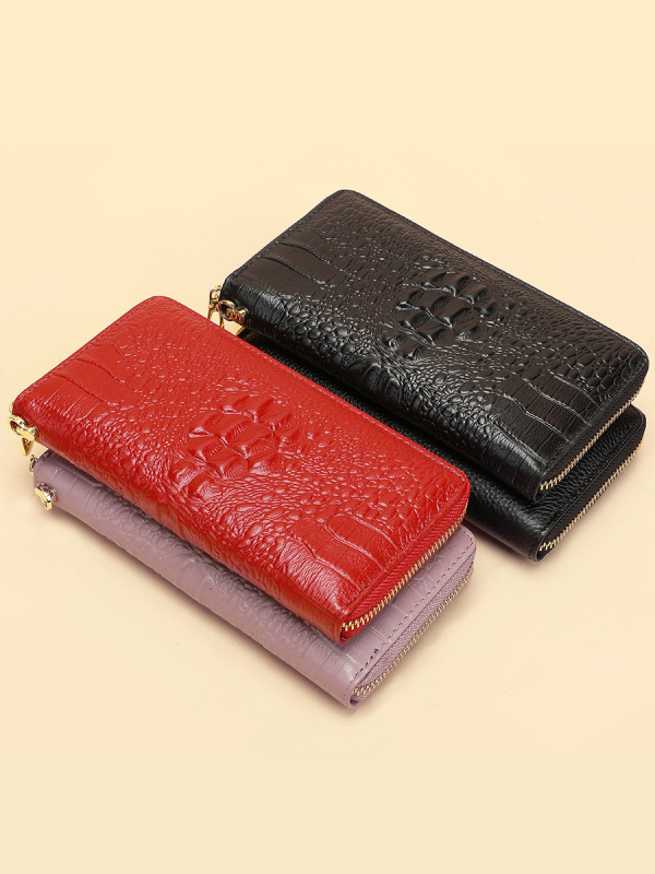 Portofel-clutch pentru bărbați din piele naturală, model crocodil, fermoar lung, interior din piele de vițel prim-strat și căptușeală poliester-coton, rezistent la abraziune, capacitate extensibilă