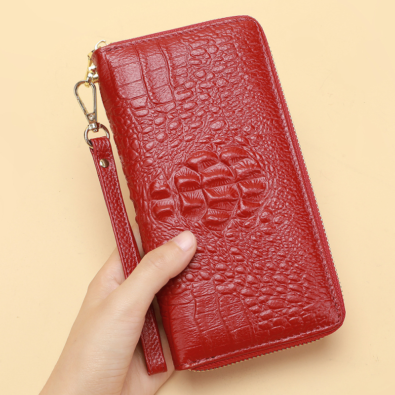 Portofel-clutch pentru bărbați din piele naturală, model crocodil, fermoar lung, interior din piele de vițel prim-strat și căptușeală poliester-coton, rezistent la abraziune, capacitate extensibilă