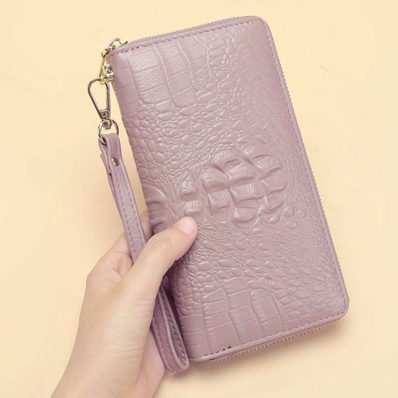 Portofel-clutch pentru bărbați din piele naturală, model crocodil, fermoar lung, interior din piele de vițel prim-strat și căptușeală poliester-coton, rezistent la abraziune, capacitate extensibilă