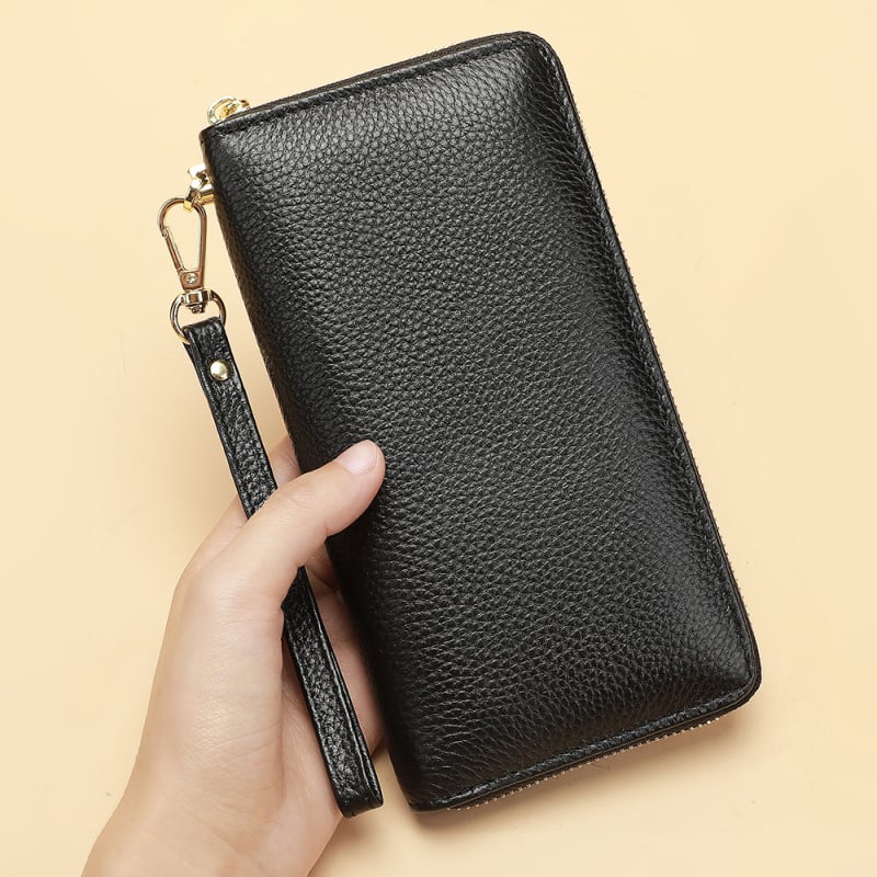 Portofel-clutch pentru bărbați din piele naturală, model crocodil, fermoar lung, interior din piele de vițel prim-strat și căptușeală poliester-coton, rezistent la abraziune, capacitate extensibilă