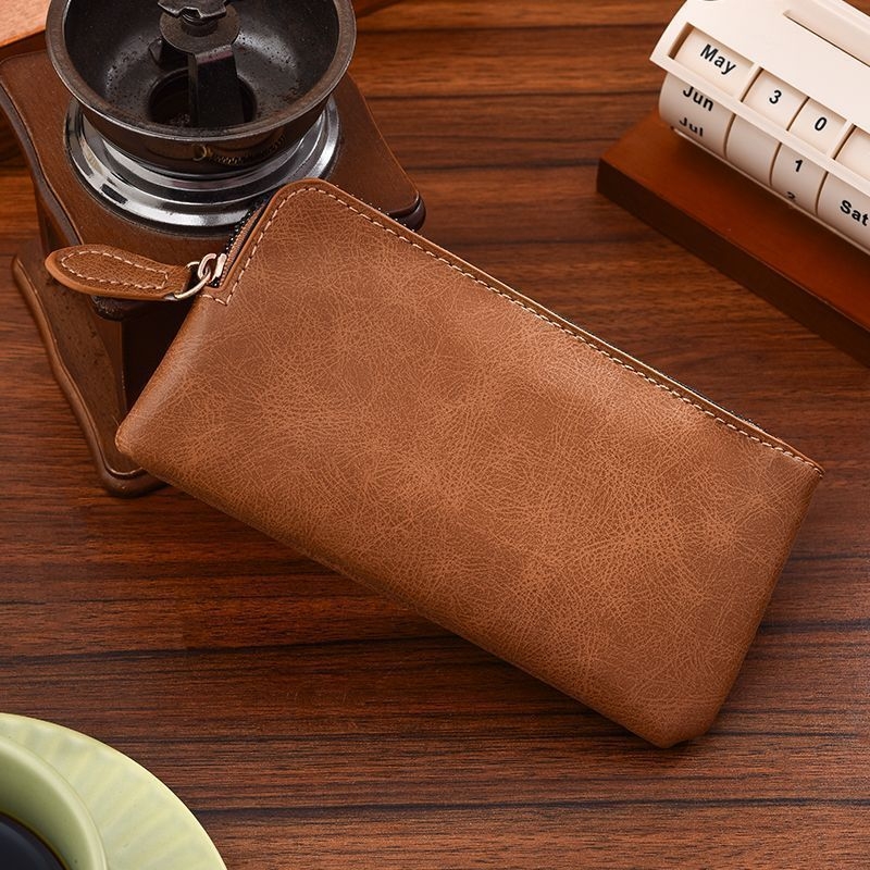Portofel bărbăteasc retro, lung, textură PU, culoare uni, geantă ultra-subțire pentru telefon cu fermoar, căptușeală din piele sintetică