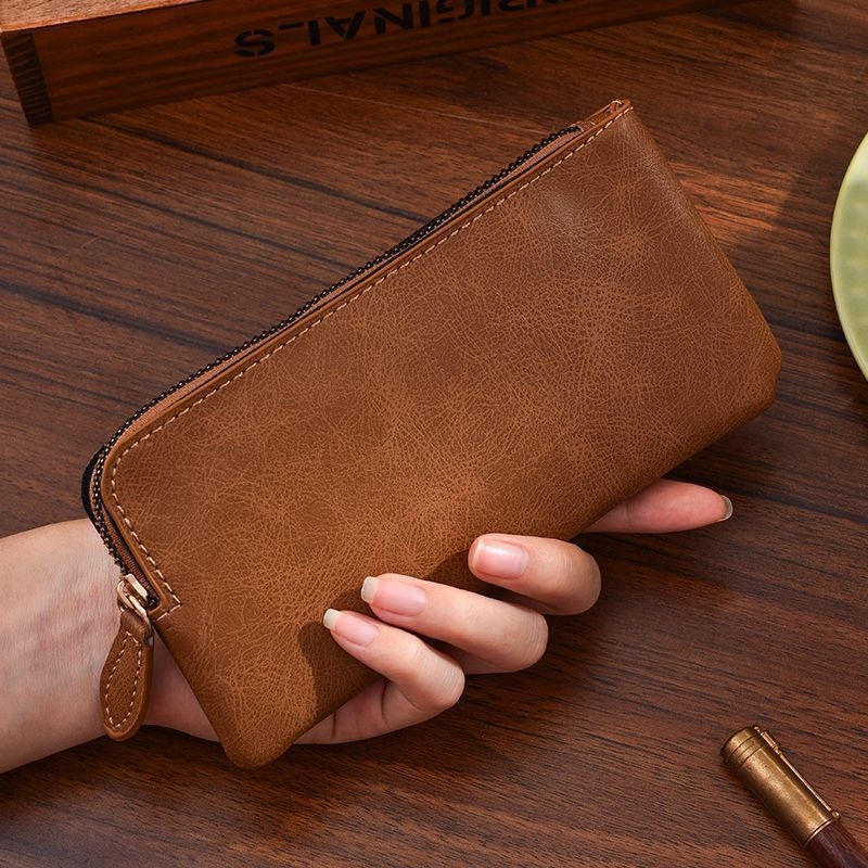 Portofel bărbăteasc retro, lung, textură PU, culoare uni, geantă ultra-subțire pentru telefon cu fermoar, căptușeală din piele sintetică