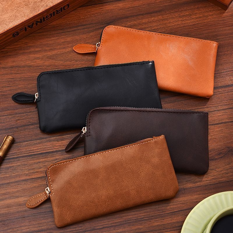 Portofel bărbăteasc retro, lung, textură PU, culoare uni, geantă ultra-subțire pentru telefon cu fermoar, căptușeală din piele sintetică