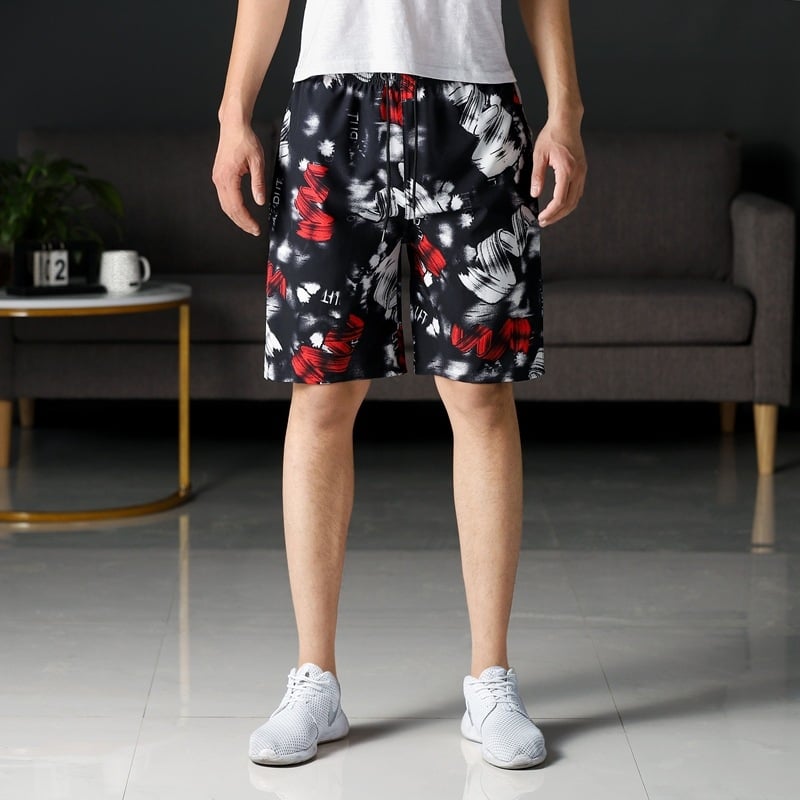 Ανδρικά παντελόνια παραλίας — χαλαρή γραμμή, Ice Silk γρήγορο στέγνωμα, μίγμα πολυεστέρα με σχέδιο ριγέ και μικρά λουλούδια