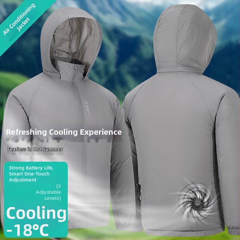 Nylonová ľahká bunda s odnímateľnou kapucňou, zipsom a bočnými vreckami, letné pracovné využitie – potlač prírodnej scenérie