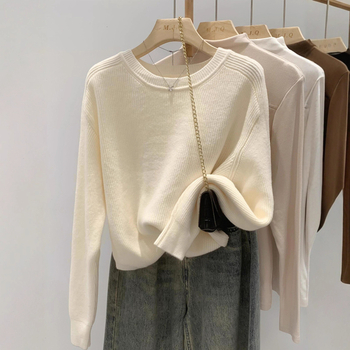 Pulover damă în stil japonez, cu glugă, guler rotund, tricot subțire, lungime scurtă, croială lejeră, culoare uni, material acril/nailon