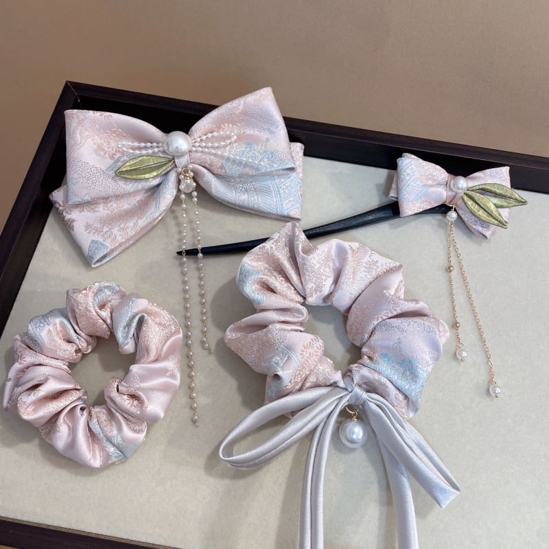 Ръчно изработен комплект аксесоари за коса: жакардова тъкан, включва щипка за коса с панделка и лента за глава; нов китайски стил, висока еластичност