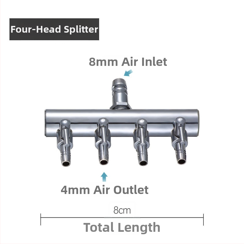 Rozsdamentes acélból készült akváriumi oxigénszelep elosztó független kapcsolóval, szabályzó szeleppel az oxigéncsőhöz, súly 48–279 g