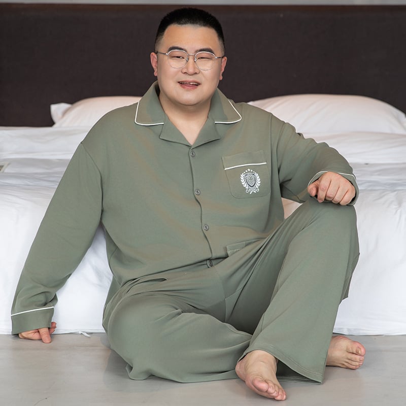 Ανδρικό σετ πιτζάμες από 100% βαμβάκι - καρντιγκάν τύπου με μακριά μανίκια, γιακά με πέτο, παντελόνια, μεσαίου βάρους ύφασμα 161-180 γρ./μ²