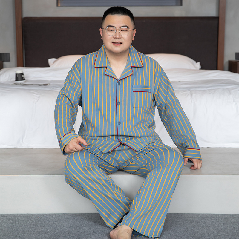 Ανδρικό σετ πιτζάμες από 100% βαμβάκι - καρντιγκάν τύπου με μακριά μανίκια, γιακά με πέτο, παντελόνια, μεσαίου βάρους ύφασμα 161-180 γρ./μ²