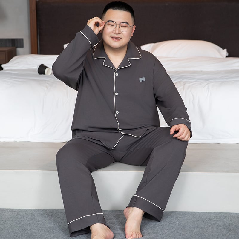 Ανδρικό σετ πιτζάμες από 100% βαμβάκι - καρντιγκάν τύπου με μακριά μανίκια, γιακά με πέτο, παντελόνια, μεσαίου βάρους ύφασμα 161-180 γρ./μ²