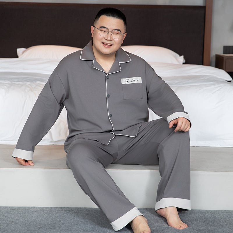 Ανδρικό σετ πιτζάμες από 100% βαμβάκι - καρντιγκάν τύπου με μακριά μανίκια, γιακά με πέτο, παντελόνια, μεσαίου βάρους ύφασμα 161-180 γρ./μ²