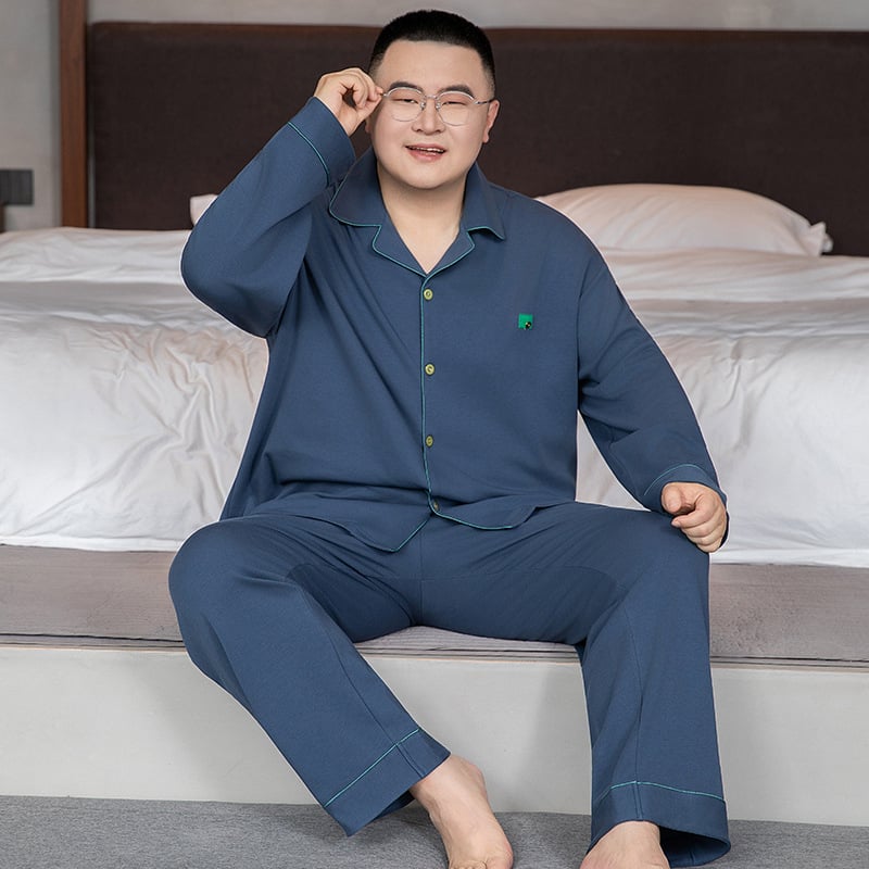 Ανδρικό σετ πιτζάμες από 100% βαμβάκι - καρντιγκάν τύπου με μακριά μανίκια, γιακά με πέτο, παντελόνια, μεσαίου βάρους ύφασμα 161-180 γρ./μ²
