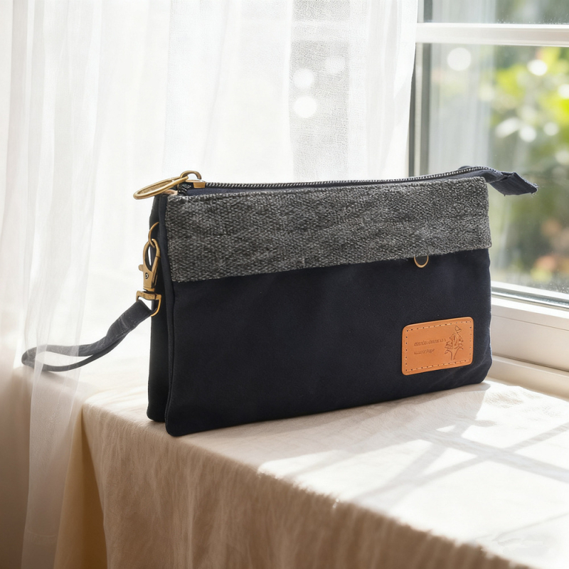 Platnena ženska clutch torba, gradski minimalistički stil, horizontalni kvadratni oblik, zatvarač, unutarnji pretinci za telefon, ID i pretinac sa zatvaračem