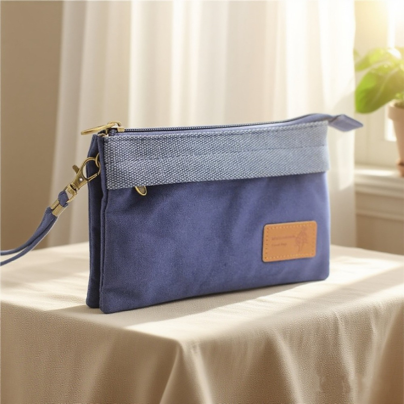 Platnena ženska clutch torba, gradski minimalistički stil, horizontalni kvadratni oblik, zatvarač, unutarnji pretinci za telefon, ID i pretinac sa zatvaračem