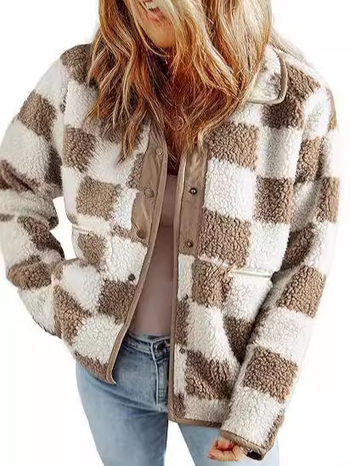 Jachetă damă Toamnă 2024, cu carouri, căptușeală din pluș, material poliester, 50–70% conținut, mâneci lungi, stil casual cald