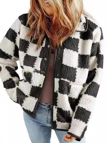 Jachetă damă Toamnă 2024, cu carouri, căptușeală din pluș, material poliester, 50–70% conținut, mâneci lungi, stil casual cald