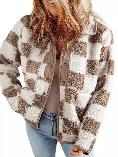 Jachetă damă Toamnă 2024, cu carouri, căptușeală din pluș, material poliester, 50–70% conținut, mâneci lungi, stil casual cald