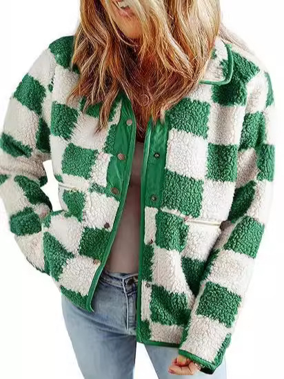 Jachetă damă Toamnă 2024, cu carouri, căptușeală din pluș, material poliester, 50–70% conținut, mâneci lungi, stil casual cald