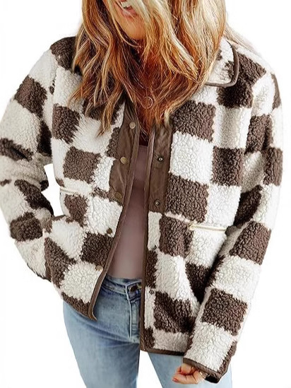 Jachetă damă Toamnă 2024, cu carouri, căptușeală din pluș, material poliester, 50–70% conținut, mâneci lungi, stil casual cald