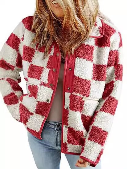 Jachetă damă Toamnă 2024, cu carouri, căptușeală din pluș, material poliester, 50–70% conținut, mâneci lungi, stil casual cald