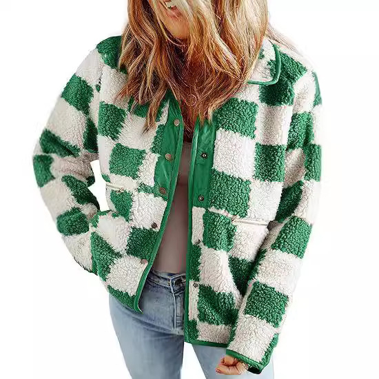 Jachetă damă Toamnă 2024, cu carouri, căptușeală din pluș, material poliester, 50–70% conținut, mâneci lungi, stil casual cald