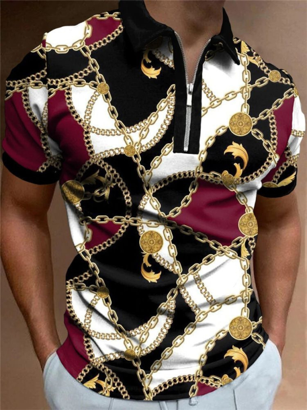 Ανδρικό πόλο πουκάμισο με γεωμετρικό καρό και 3D εκτύπωση, κοντό μανίκι, χαλαρή εφαρμογή, πολυεστερική μίξη