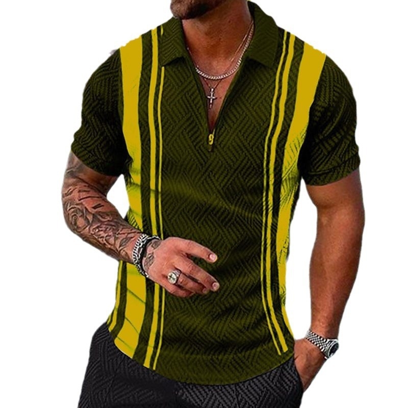 Ανδρικό πόλο πουκάμισο με γεωμετρικό καρό και 3D εκτύπωση, κοντό μανίκι, χαλαρή εφαρμογή, πολυεστερική μίξη