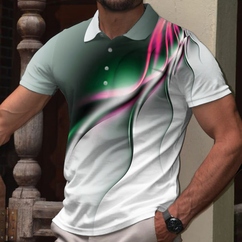 Ανδρικό πόλο πουκάμισο με γεωμετρικό καρό και 3D εκτύπωση, κοντό μανίκι, χαλαρή εφαρμογή, πολυεστερική μίξη