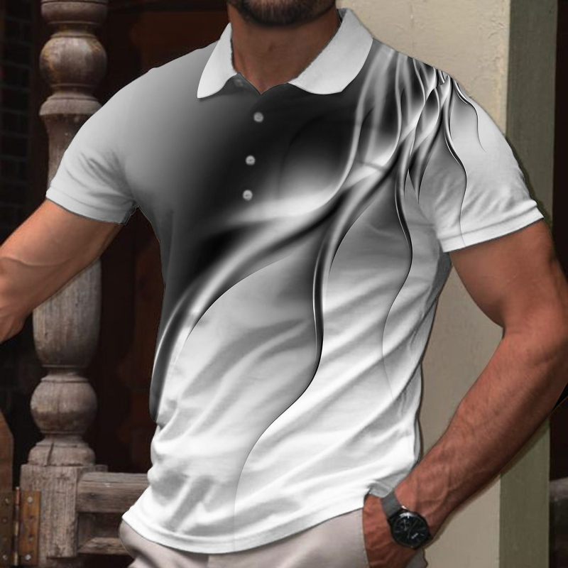 Ανδρικό πόλο πουκάμισο με γεωμετρικό καρό και 3D εκτύπωση, κοντό μανίκι, χαλαρή εφαρμογή, πολυεστερική μίξη