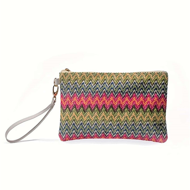 Damska clutch torbica od slame, horizontalni kvadratni oblik, zatvarač, poliester podstava, odvojiva ručka